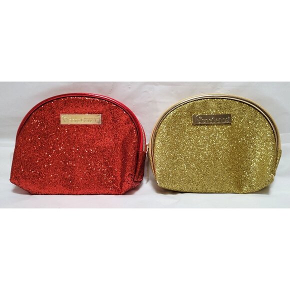 SeneGence Lot of 2 Red & Gold Glitter Cosmetic Makeup Bags with Gold Zippers - Picture 1 of 7